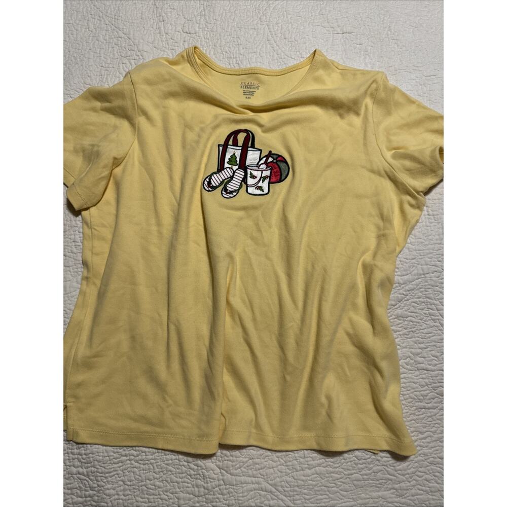 CLASSIC ELEMENTS WOMEN'S YELLOW CHRISTMAS FLIP-FLOP EMBROIDERED T-SHIRT Xl